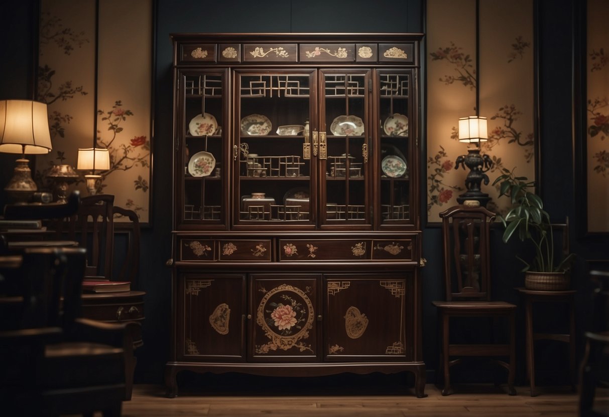 An antique Chinese cabinet surrounded by curious onlookers in a dimly lit room