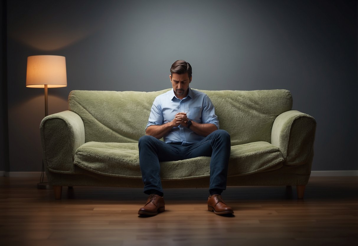 A person sinking into a sagging microfiber sofa, surrounded by pilling fabric and feeling uncomfortable