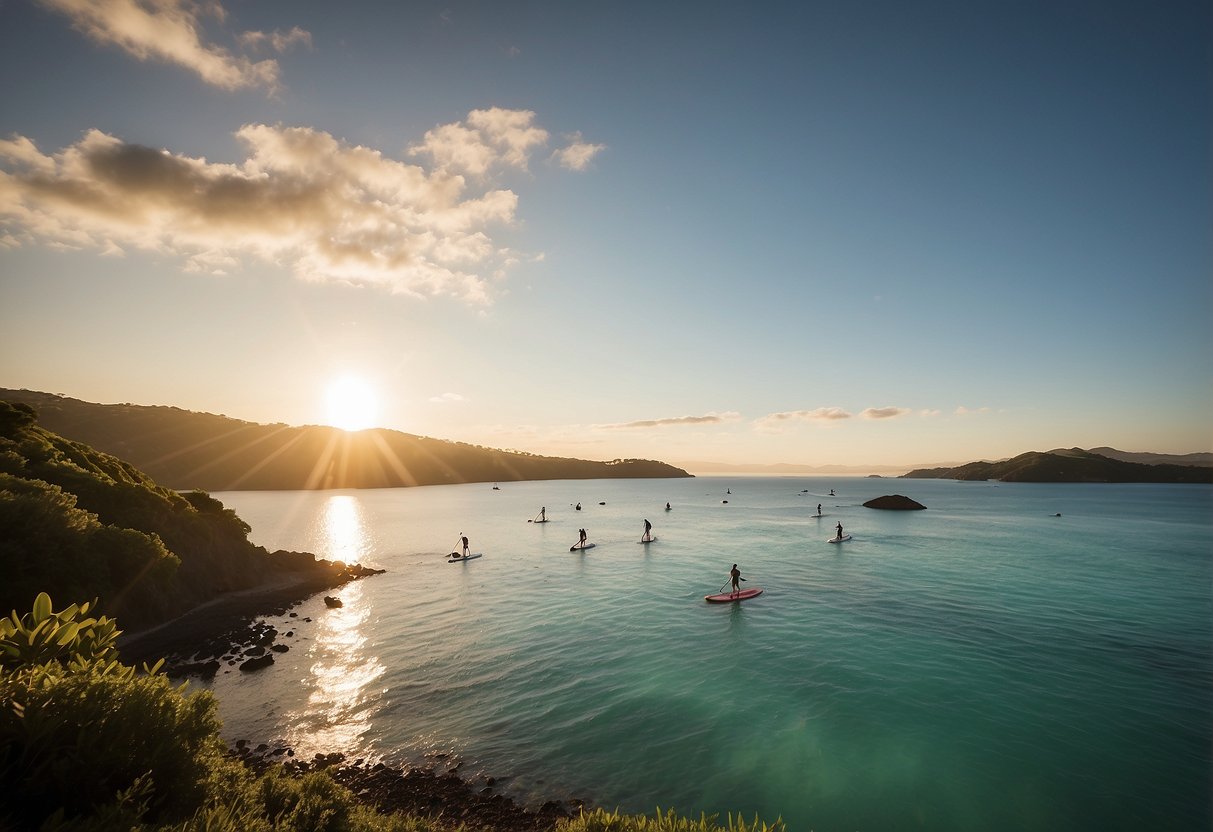 Crystal clear water surrounds Waiheke Island. Paddleboarders glide along the coast, passing lush green hills and golden sandy beaches. The sun sets behind the horizon, casting a warm glow over the tranquil scene