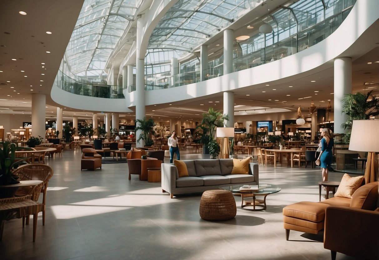 Visitors wander through The Furniture Mall, admiring various furniture displays and decor. The atmosphere is bustling yet inviting, with natural light streaming in through large windows