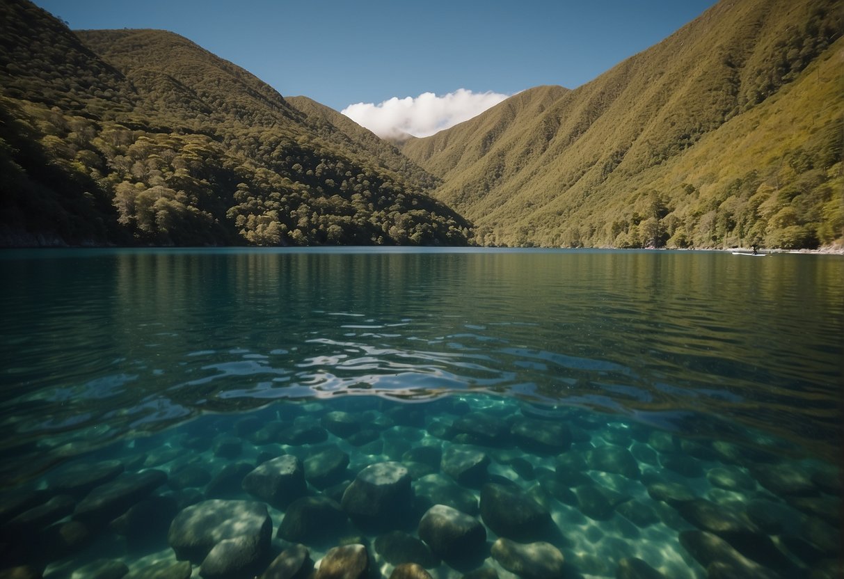 Crystal clear waters reflect lush green hills and rocky cliffs. Paddleboarders navigate through narrow channels and serene bays in Marlborough Sounds