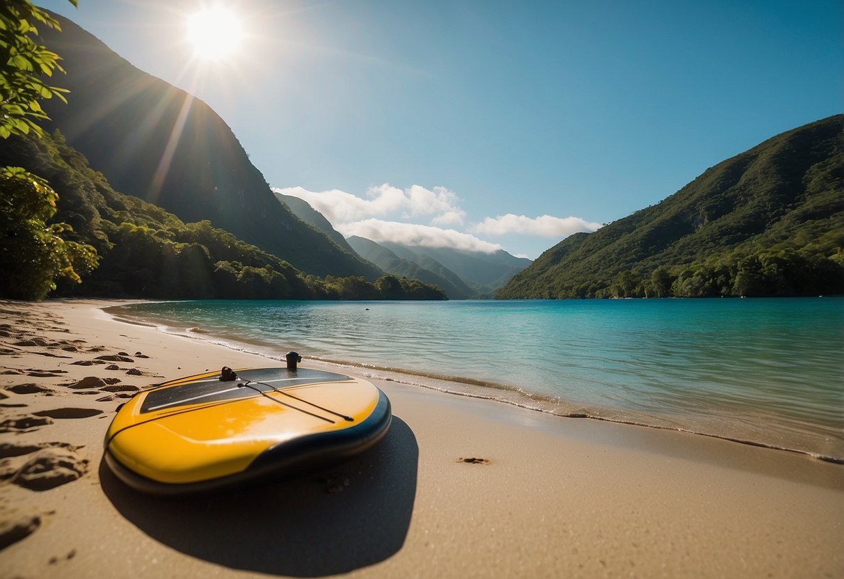 A paddleboard lies on a sandy beach, surrounded by clear blue water and lush green mountains in the distance. The sun shines brightly overhead, creating a perfect setting for a day of paddleboarding