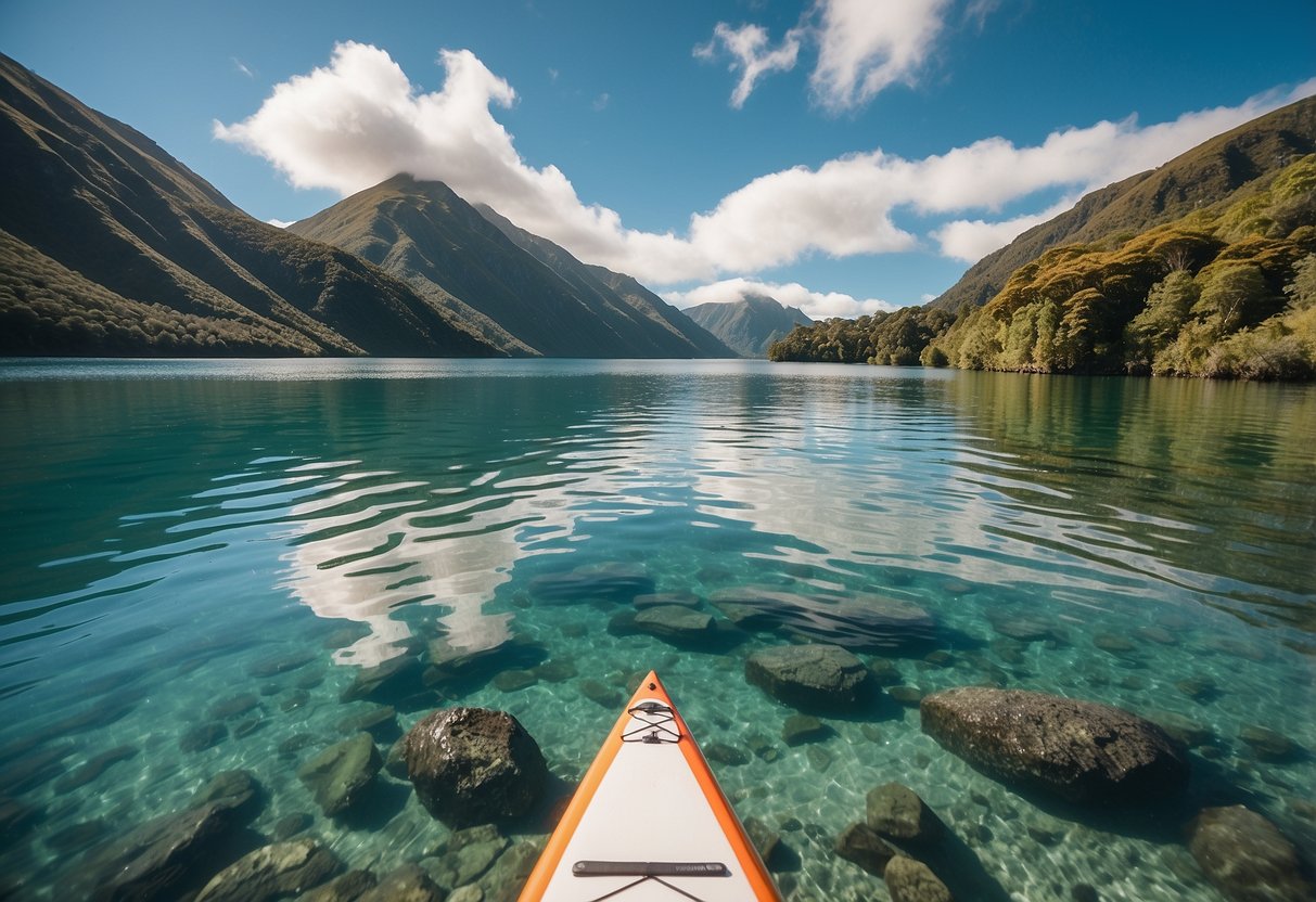 Crystal-clear waters, lush greenery, and diverse wildlife make up the picturesque paddleboarding destinations in New Zealand. The serene natural surroundings provide the perfect backdrop for an illustration capturing the beauty of the country's top paddleboarding spots