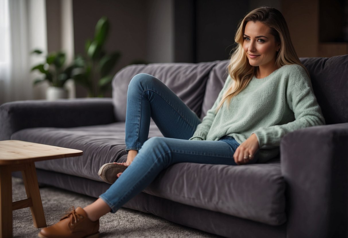 A person sitting on a sagging microfiber sofa, surrounded by pilling fabric and struggling to remove pet hair