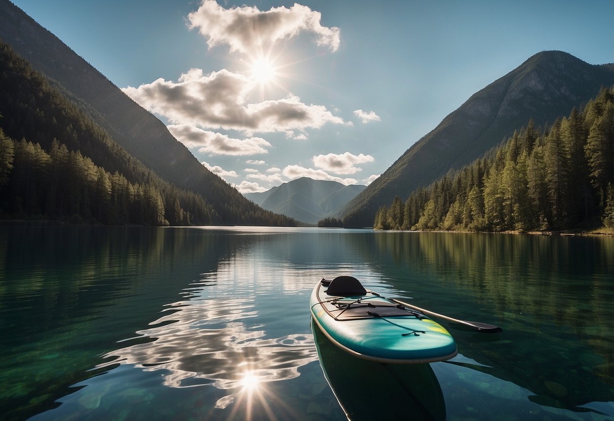 A serene lake surrounded by lush, untouched wilderness. A lone paddleboard glides across the glassy water, with mountains in the distance. Sunlight dances on the surface, creating a tranquil and remote atmosphere