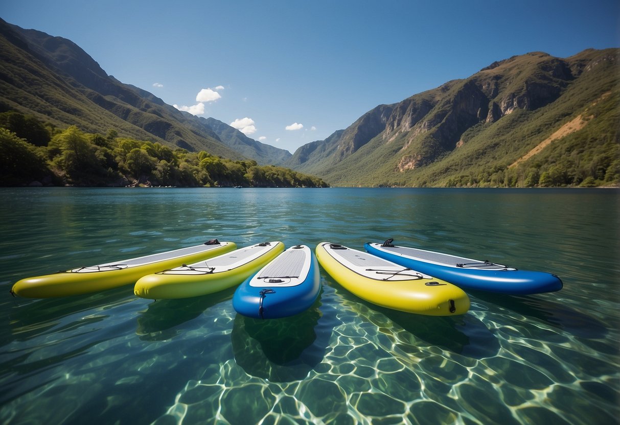 Inflatable paddleboards on calm, remote waters. Lush greenery and mountains in the background. Clear blue skies with a few fluffy white clouds