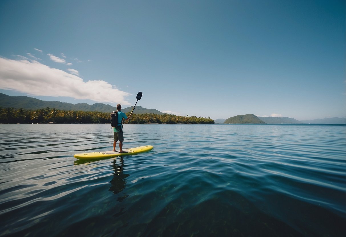 A paddleboarder holding a GPS device in a remote area, surrounded by calm waters and lush, untouched nature