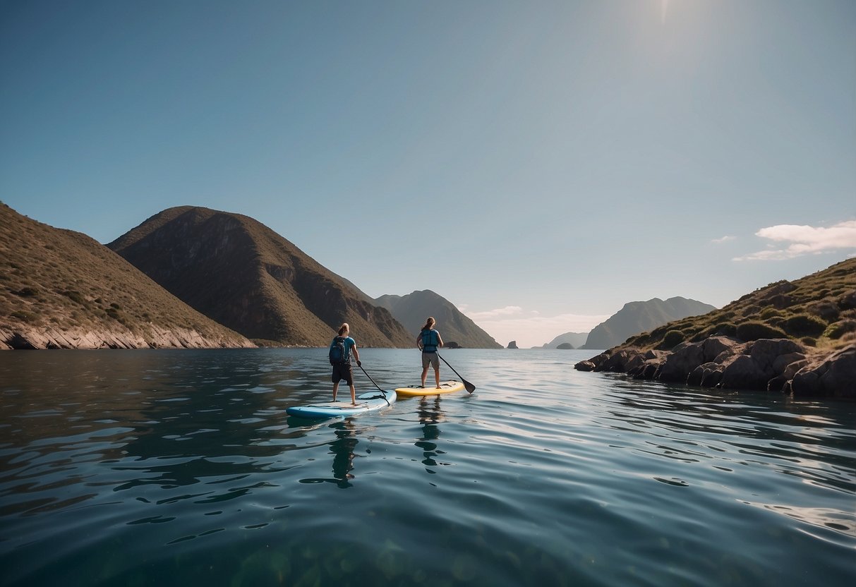 A person paddling on a stand-up paddleboard in a remote area, holding a satellite phone while surrounded by vast open water and rugged coastline