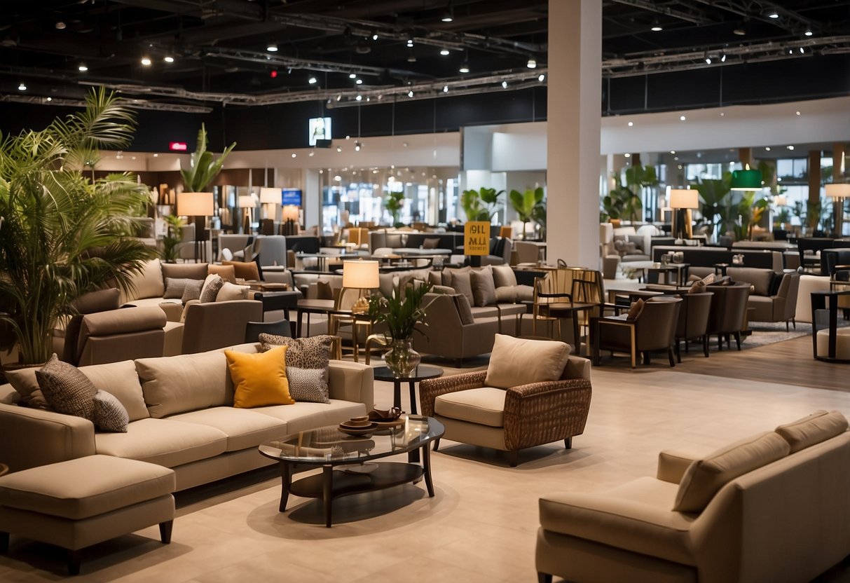 The furniture mall at Beach Road bustles with shoppers and salespeople. Rows of sleek sofas and elegant dining sets fill the spacious showroom, while large signs display frequently asked questions for customers