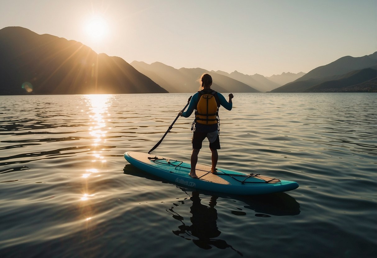 A paddleboarder wearing a PFD navigates through a remote area, surrounded by calm water and distant mountains. The sun shines overhead, casting a warm glow on the serene scene