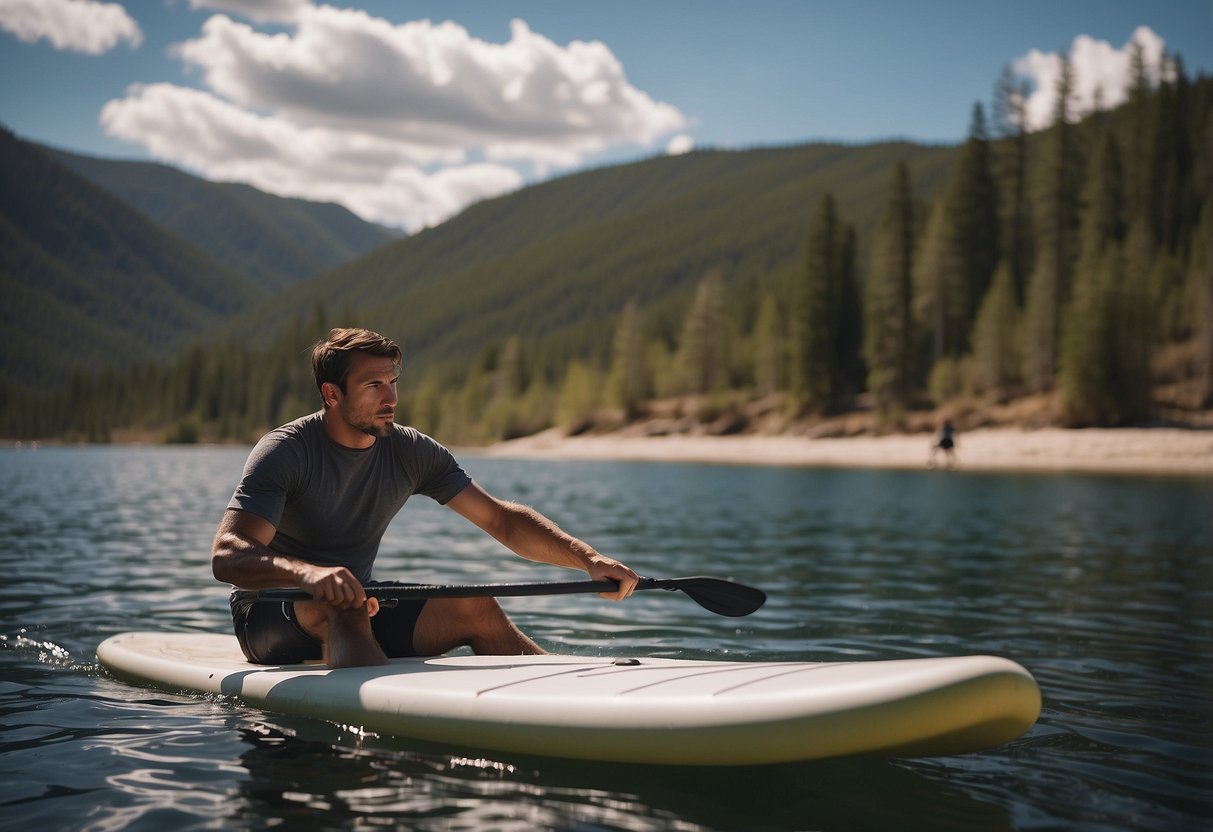 A paddleboarder applies a bandage to a wound while surrounded by remote wilderness