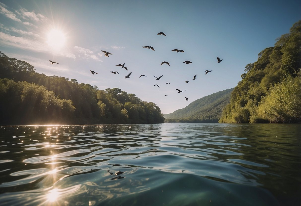 Local wildlife: birds flying over calm waters, fish jumping, and turtles sunbathing on the banks. Paddleboarders exploring remote areas, surrounded by lush greenery and serene natural beauty