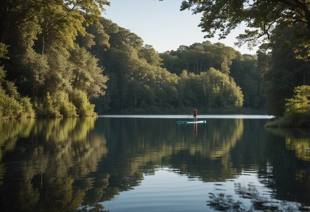 A paddleboard rests on a calm, remote lake surrounded by lush green trees and a clear blue sky. The water is still, reflecting the peaceful and serene atmosphere of the remote area