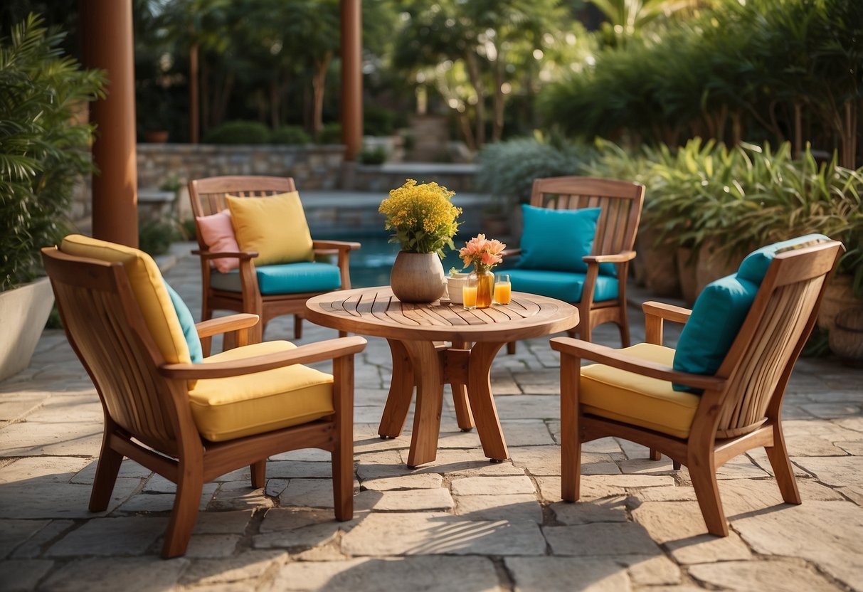 Teak and mahogany outdoor furniture arranged on a stone patio with colorful cushions and a small table