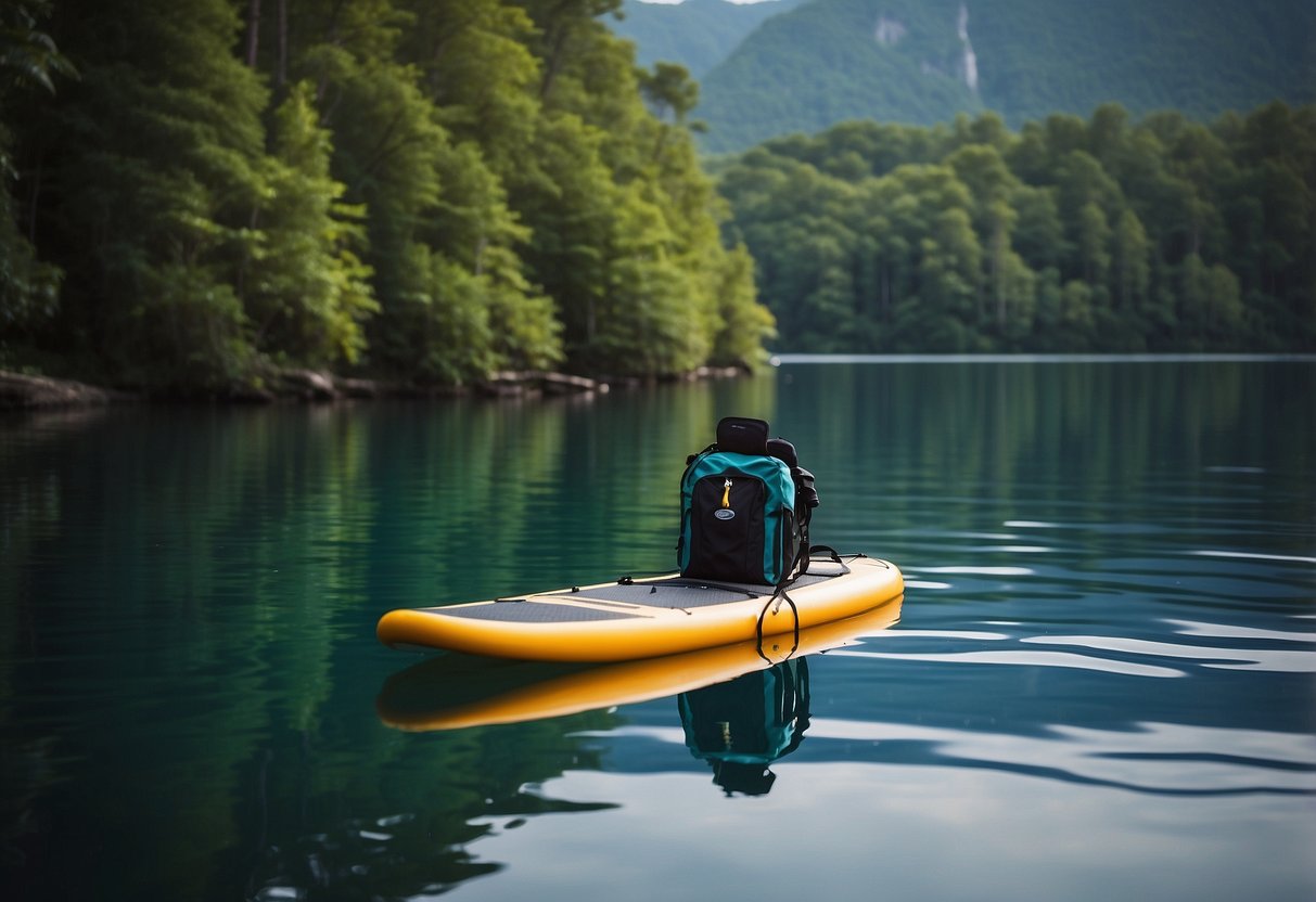 A paddleboard floats on calm water surrounded by lush, untouched nature. A life jacket and paddle lie nearby, emphasizing safety and preparedness