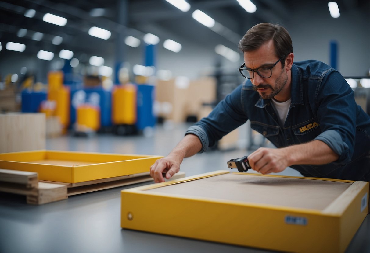 A person tests the durability of Ikea furniture by applying pressure and inspecting for any signs of wear or damage