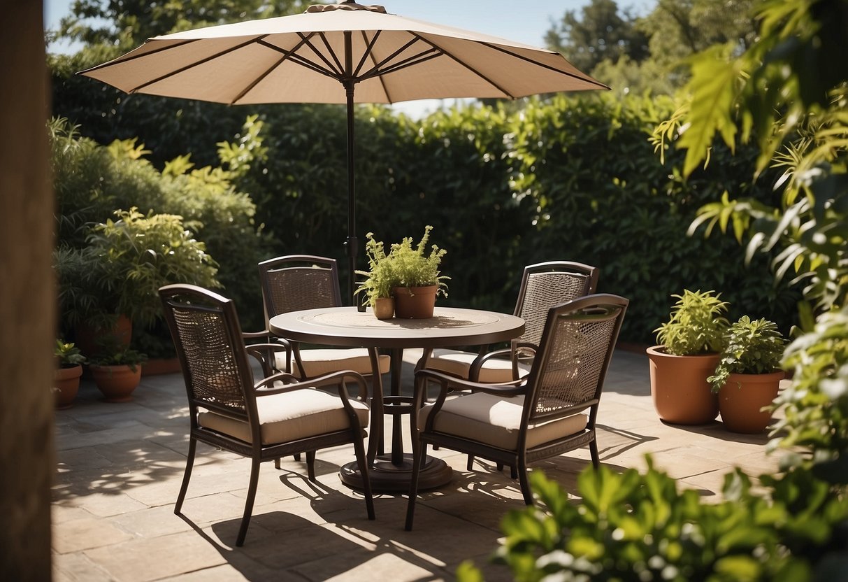A cozy outdoor patio set with a table, chairs, and umbrella. Surrounding greenery and a clear blue sky create a tranquil atmosphere
