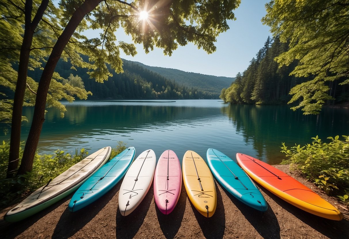 A calm lake with 5 colorful lightweight paddleboarding poles resting on the shore, surrounded by lush green trees and a clear blue sky