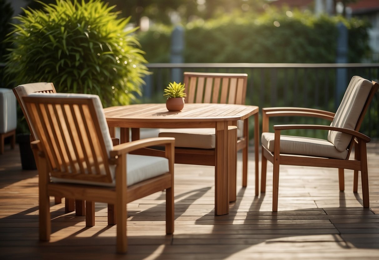 Teak and mahogany outdoor furniture arranged on a patio, surrounded by lush greenery and bathed in warm sunlight