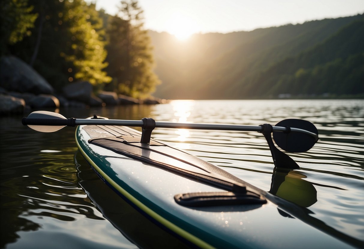 A sleek carbon fiber paddle rests on a paddleboard, surrounded by five lightweight poles. The sun glistens off the water, creating a serene and inviting scene for paddleboarding