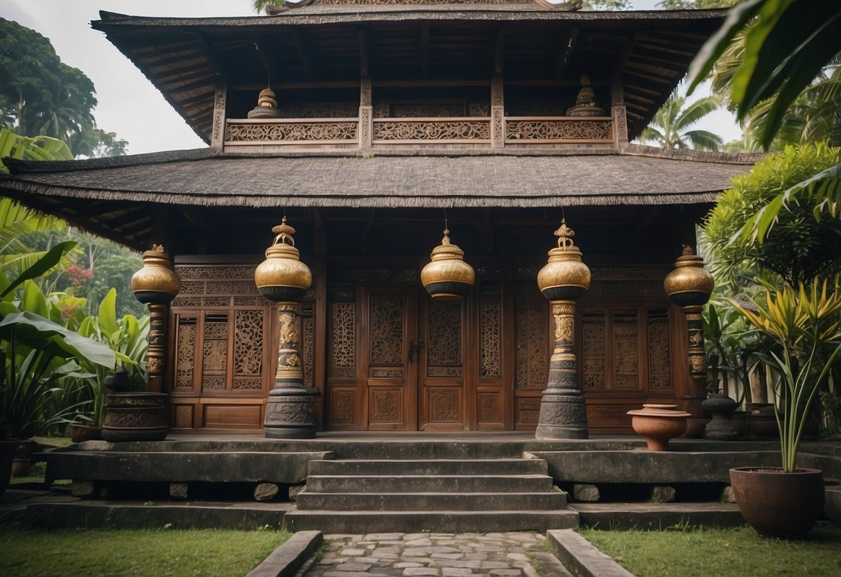 A traditional Javanese house with intricately carved wooden furniture and decorative elements