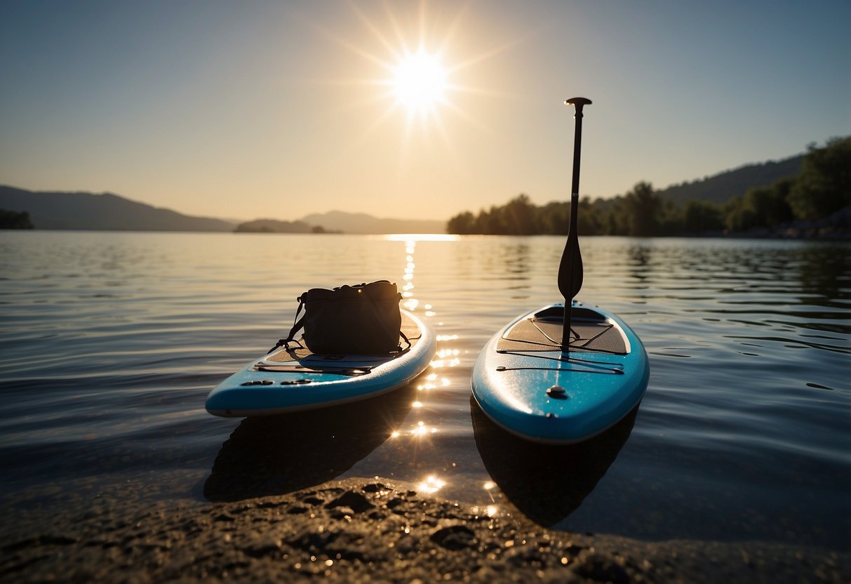 A paddleboard lies on a calm, blue lake. The 3-piece adjustable paddle rests beside it, ready for use. The sun shines down, casting a warm glow on the scene