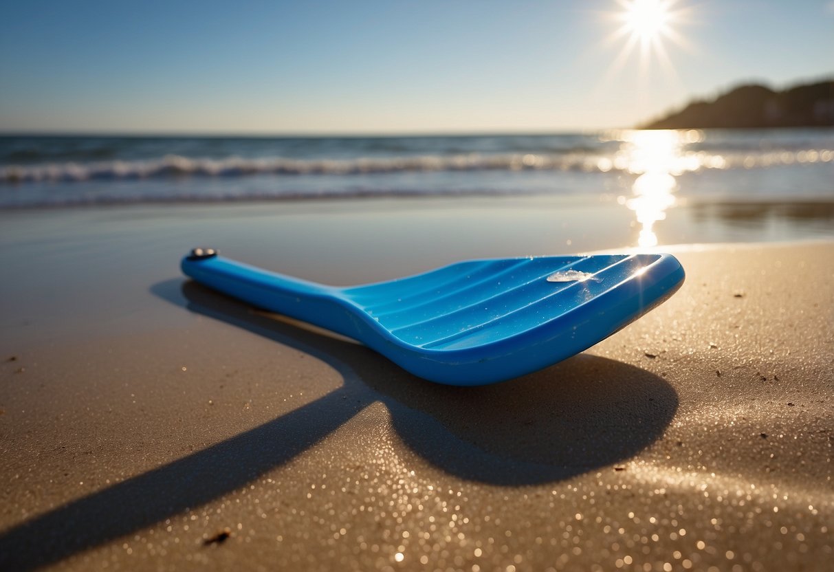 A bright blue fiberglass paddle rests on a sandy beach, with gentle waves lapping in the background. The sun shines down, casting a warm glow on the paddle