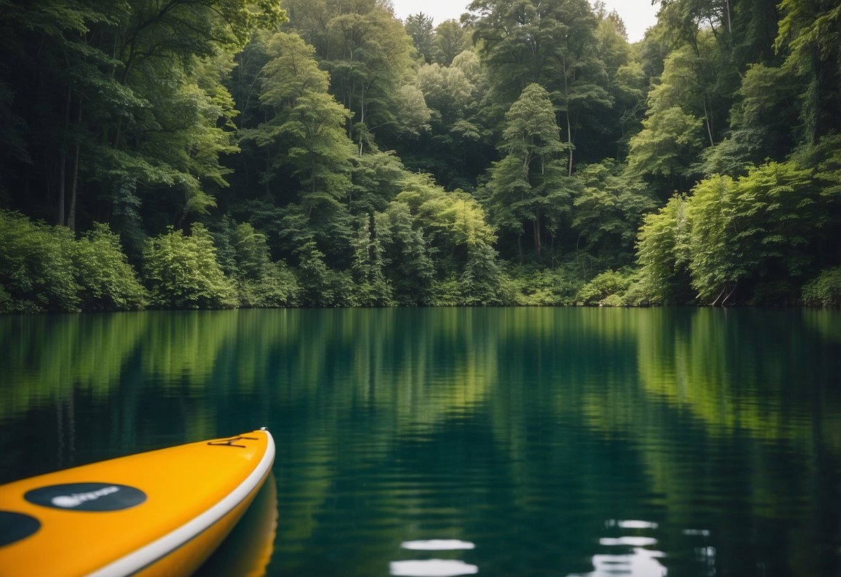 A serene lake surrounded by lush greenery, with a paddleboard resting on the calm water and a SUP paddle propped up against it