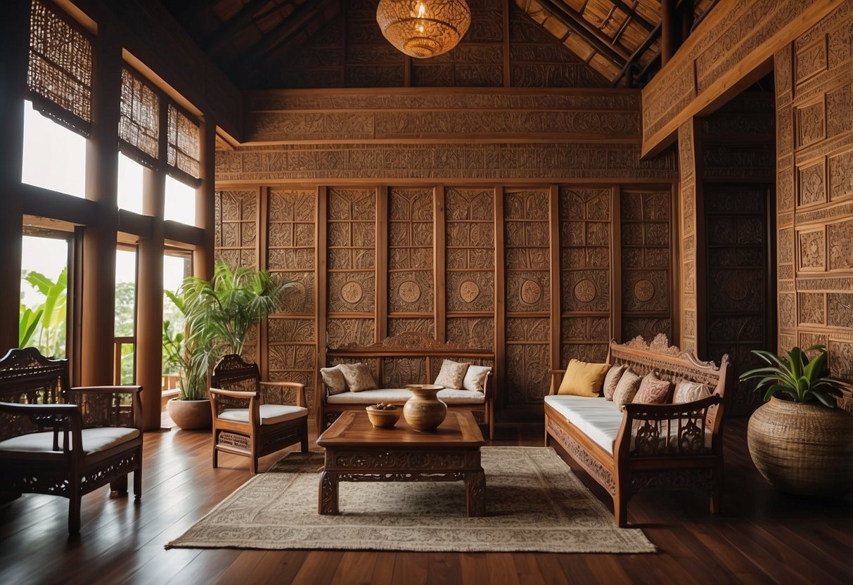 A room filled with intricately carved teak furniture, adorned with Javanese batik textiles and traditional motifs, bathed in warm natural light