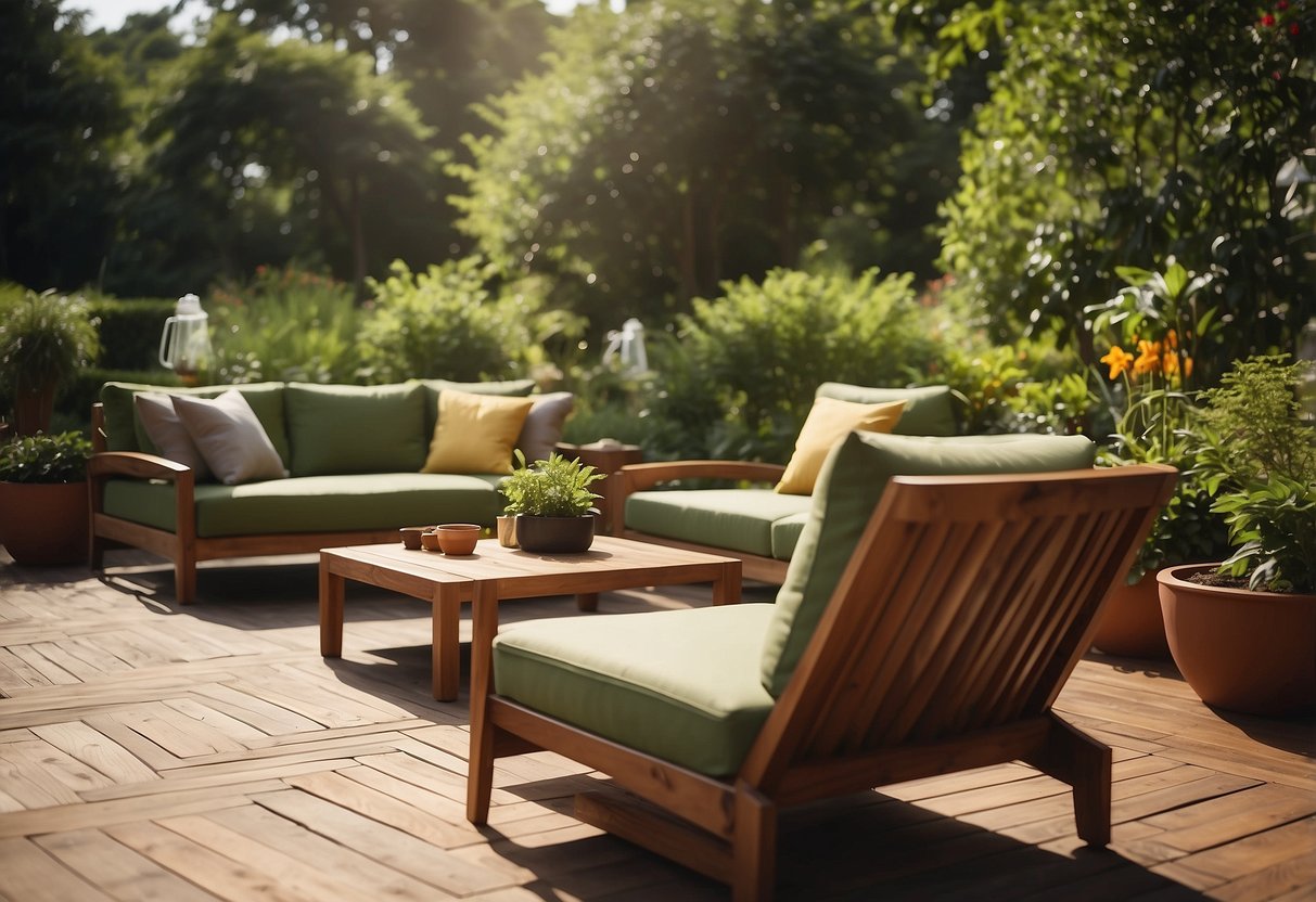 A sunny patio with teak and mahogany furniture, surrounded by lush greenery and colorful outdoor cushions. A person could be seen applying a protective coating to the wood