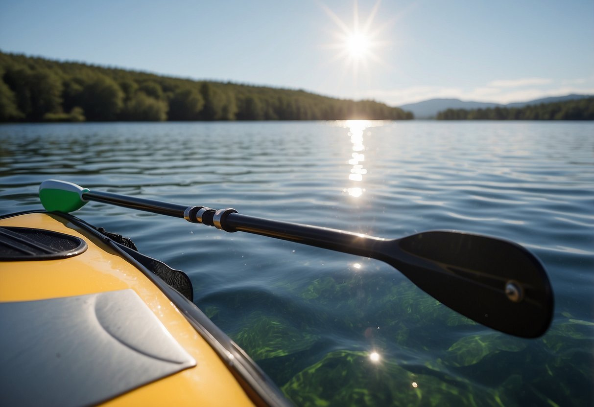 A bright, sunny day on a calm lake. A sleek, adjustable paddle rests on a paddleboard, ready for use. The water glistens in the background