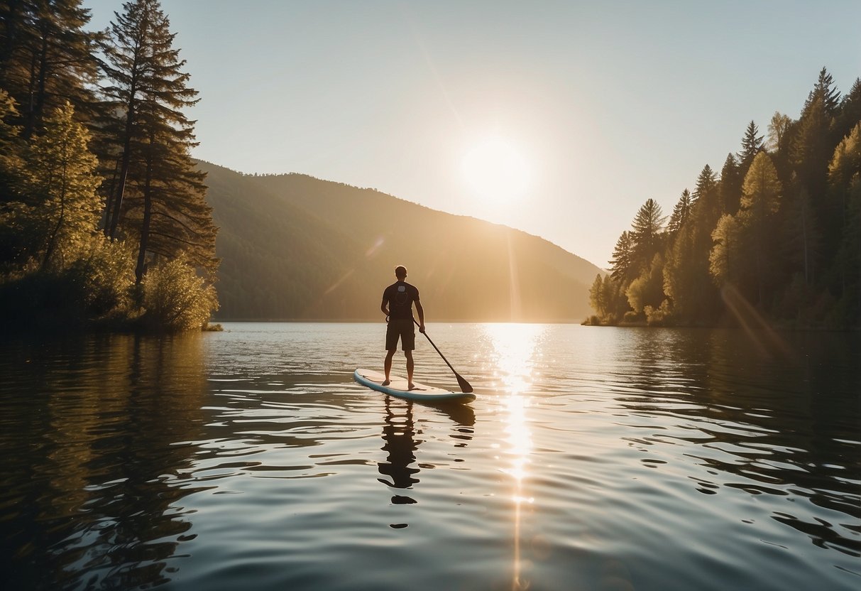 A serene lake with a paddleboarder effortlessly gliding across the water, using a lightweight paddleboarding pole. The sun is shining, and the surrounding nature is vibrant and peaceful