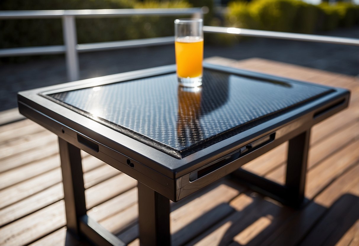 A table with various lightweight materials (e.g. carbon fiber, aluminum, fiberglass) and paddleboarding poles displayed in a bright, outdoor setting