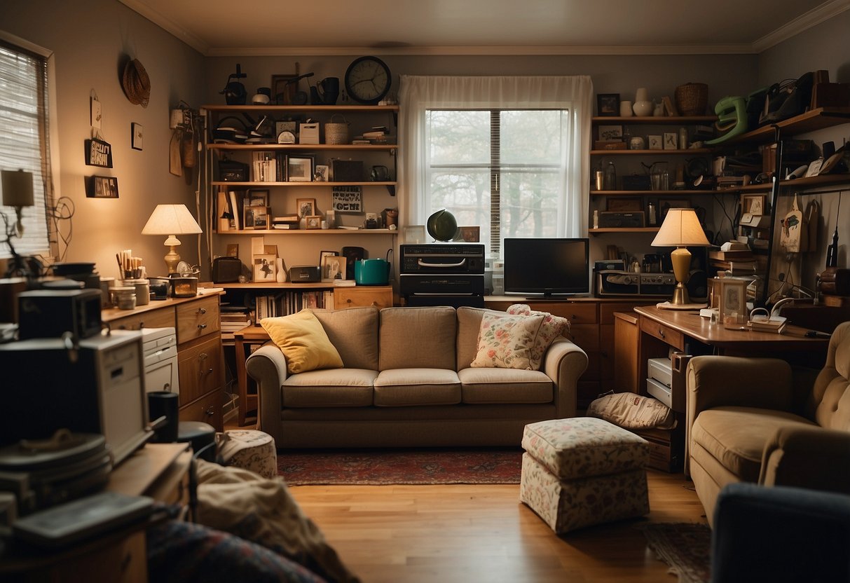A cluttered room with various pieces of furniture, including a sofa, table, and chairs, all labeled with "craigslist furniture near me" tags