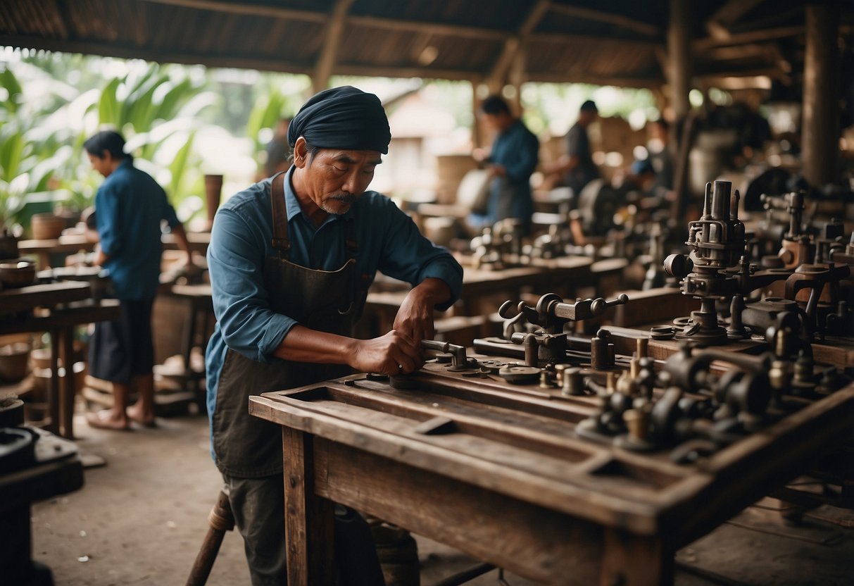 A bustling workshop in Central Java, filled with skilled artisans crafting intricate and ornate furniture pieces using traditional techniques and locally sourced materials