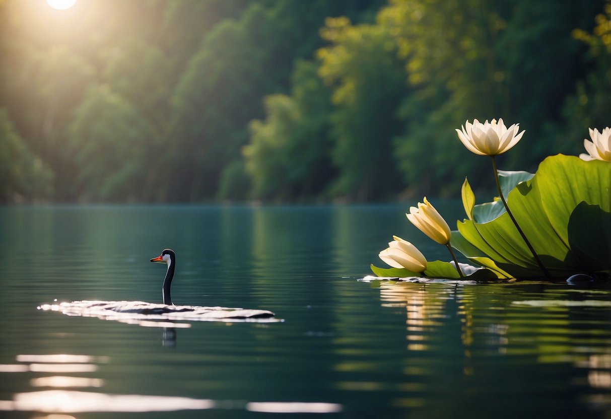 A serene lake reflects the vibrant colors of the surrounding forest. A paddleboard glides through the calm water, surrounded by lily pads and chirping wildlife