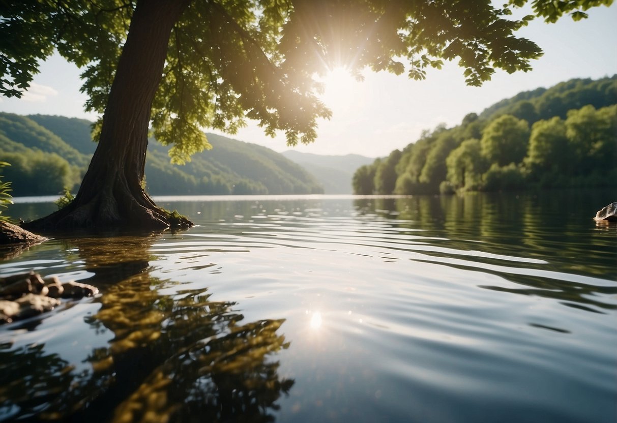 A tranquil lake with lush greenery, birds flying overhead, fish jumping out of the water, and a turtle sunbathing on a log