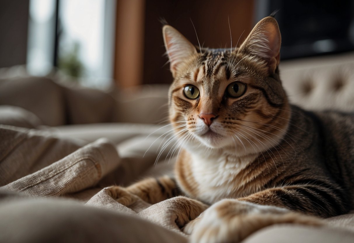 A cat aggressively scratches the furniture, while surrounded by torn fabric and scattered upholstery