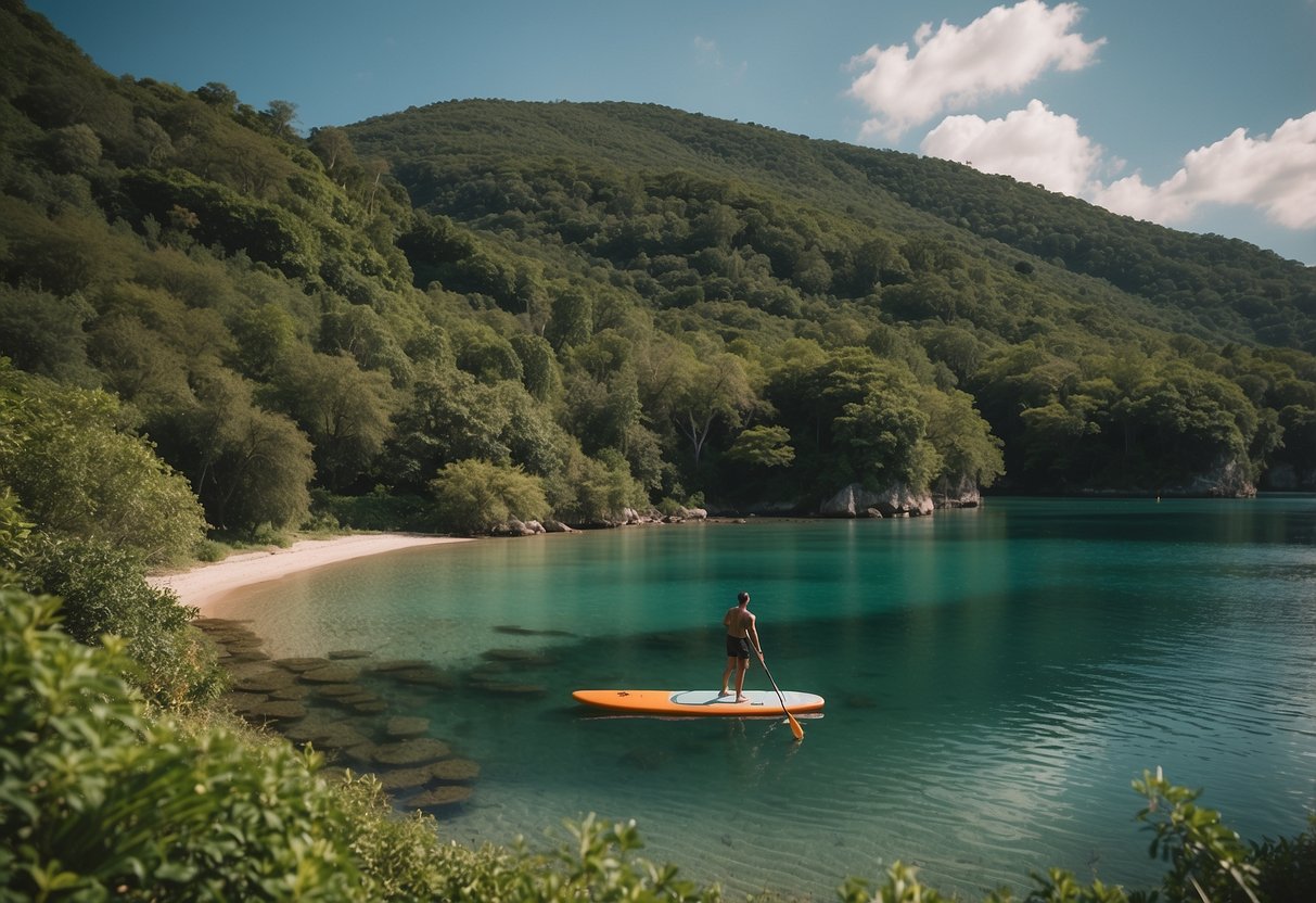 A serene cove with lush greenery, calm waters, and a paddleboard floating peacefully, surrounded by the beauty of nature