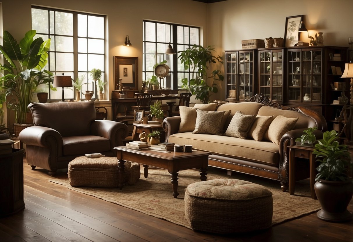 A room filled with various types of furniture, with a sign reading "Frequently Asked Questions central java furniture" displayed prominently