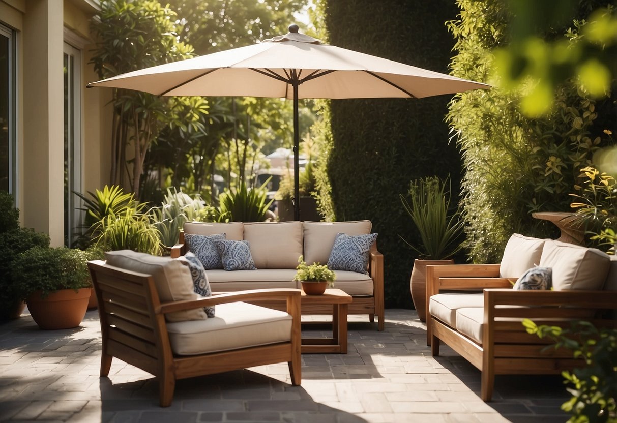 A sunny outdoor patio with a variety of stylish and comfortable furniture pieces, including tables, chairs, and umbrellas, surrounded by lush greenery