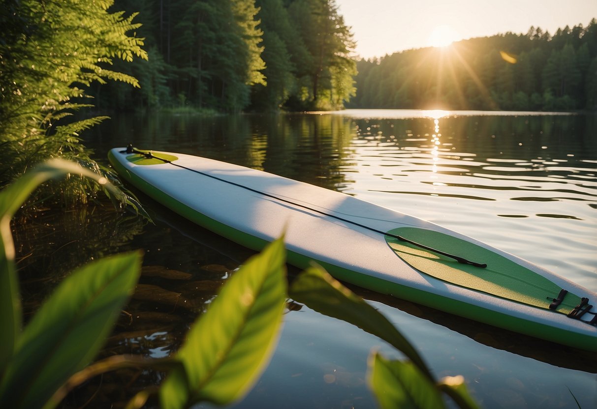 A serene lake surrounded by lush greenery, with a paddleboard floating peacefully on the water. The sun shines down, casting a warm glow on the tranquil scene