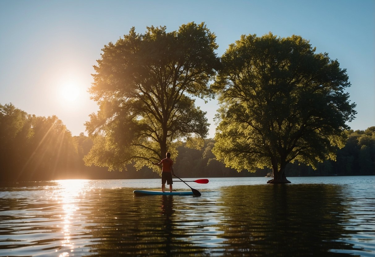 A paddleboard floats on calm water, surrounded by trees and birds. The sun is shining, and the sky is clear. Birds are perched on branches and flying overhead, creating a peaceful and serene atmosphere