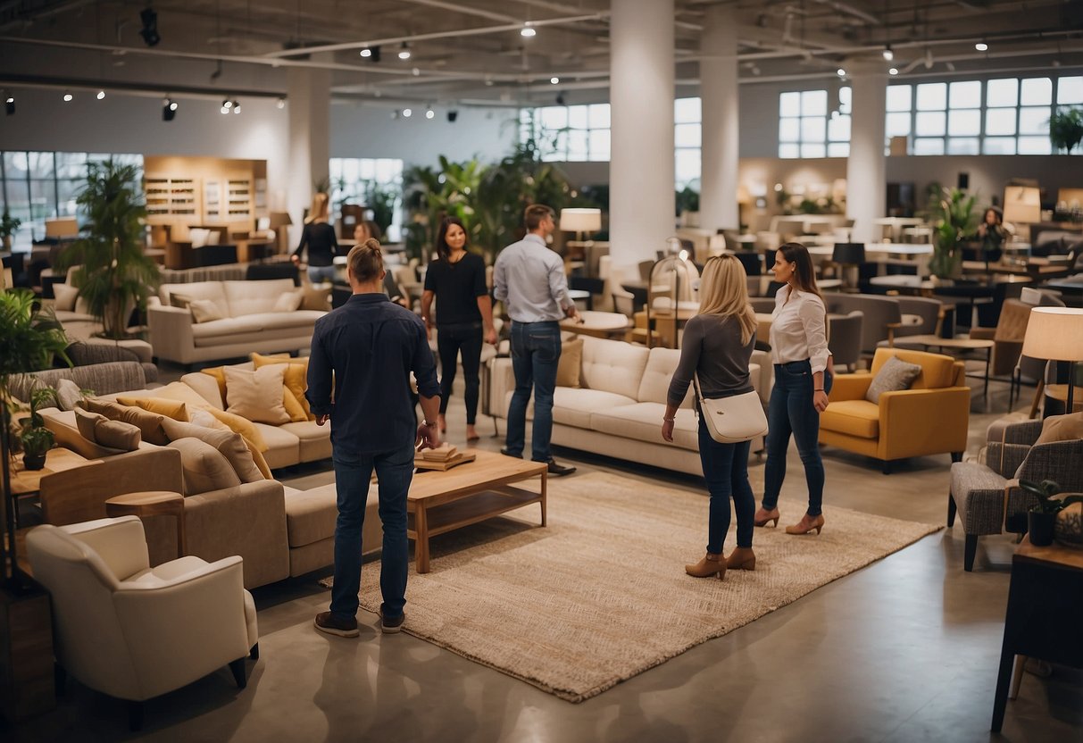 A bustling furniture showroom with customers browsing and employees assisting. Signs and labels indicate different categories of furniture