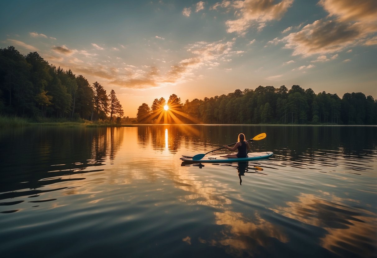 The sun sets over a tranquil lake as a paddleboard floats on the water, surrounded by the beauty of nature