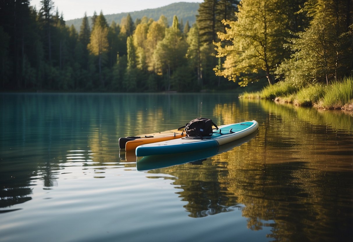 A serene lake reflects the vibrant colors of the surrounding trees. A paddleboard floats peacefully on the water, surrounded by the tranquility of nature