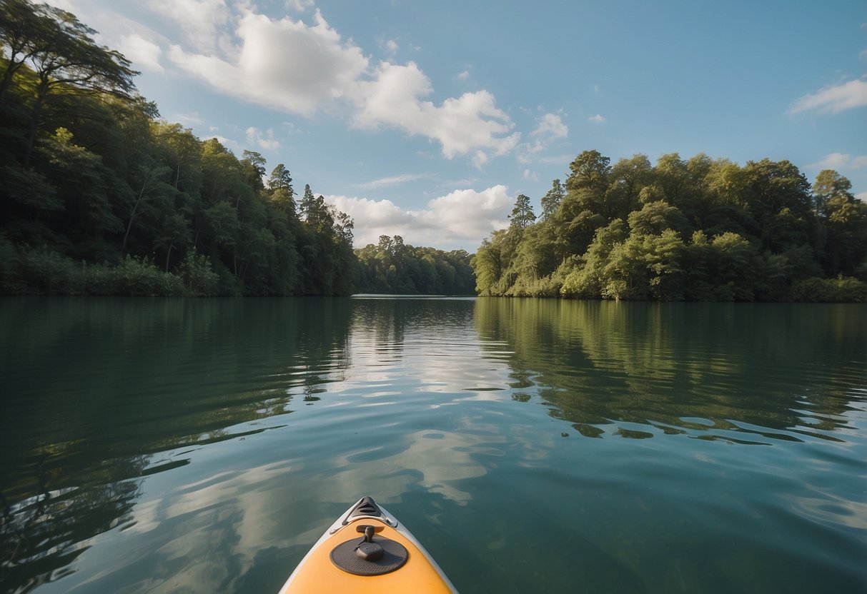 A serene lake surrounded by lush greenery, with a stand-up paddleboard floating peacefully on the water. A variety of wildlife can be seen, such as birds flying overhead and fish swimming beneath the surface