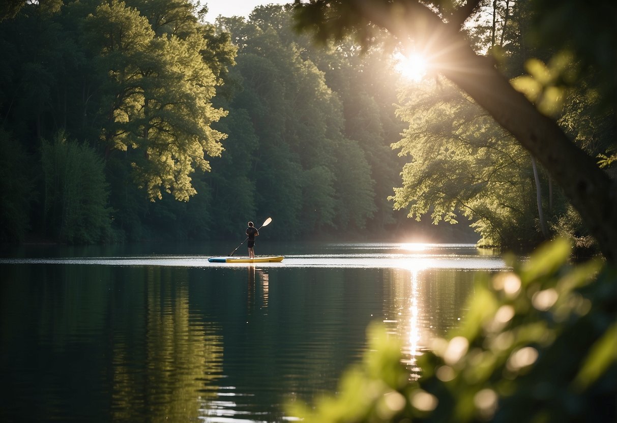 A serene lake with a paddleboarder gliding across the water, surrounded by lush green trees and the sounds of nature. The sun is shining, creating a peaceful and tranquil atmosphere