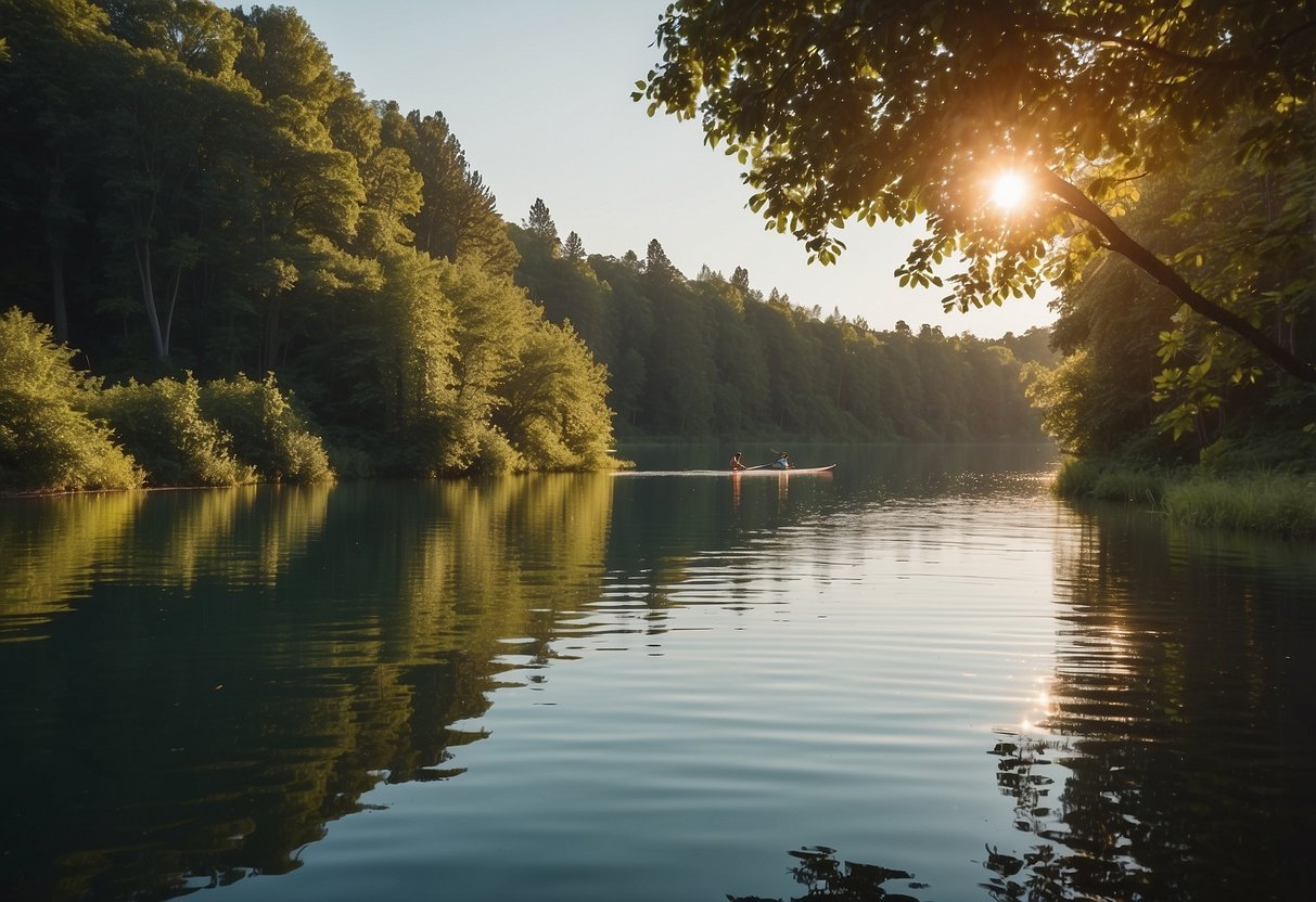 A serene lake surrounded by lush greenery, with a paddleboard gliding across the calm water. The sun is shining, casting a warm glow on the tranquil scene