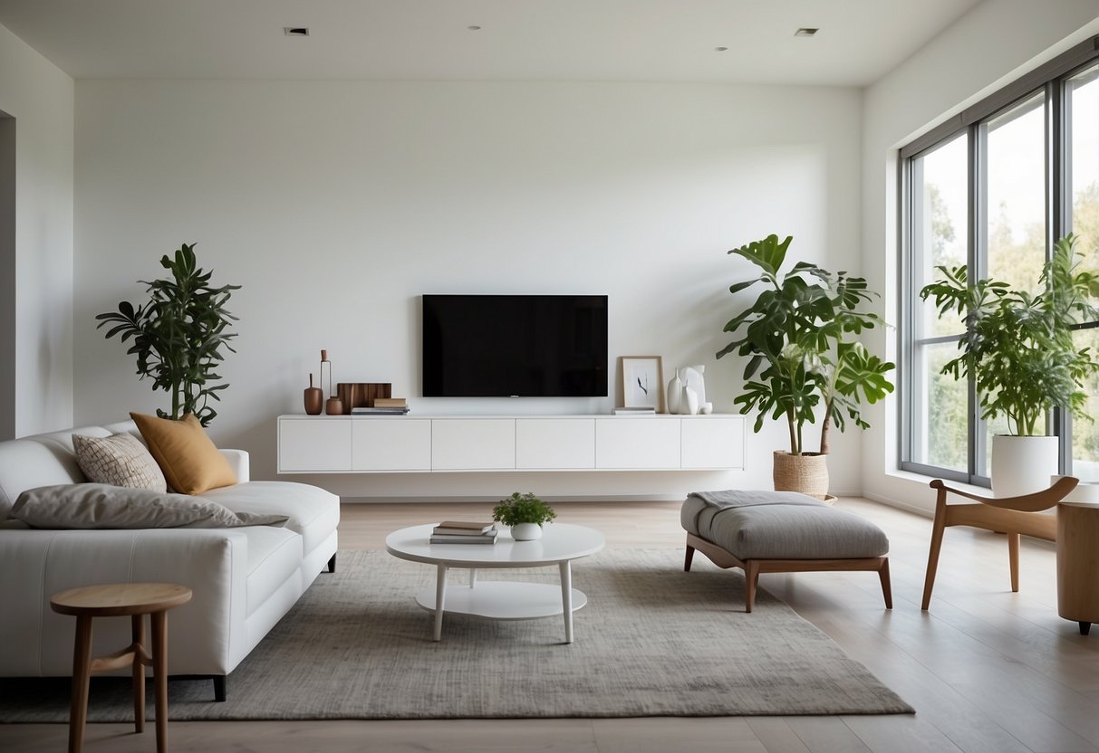 A bright, modern living room with sleek white IKEA furniture. Clean lines and minimalist design create a contemporary and inviting space